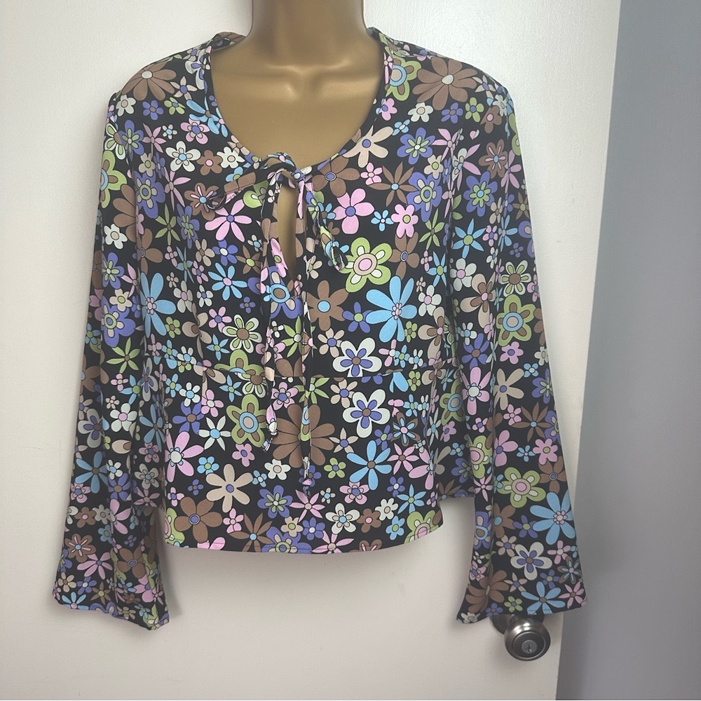 XOXO Vintage Y2K‎ Black/Multicolored Floral Tie Babydoll Bell Sleeve Fairy Top S
